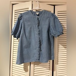 JCrew ruffle chambray button down shirt with puffed sleeves size Medium